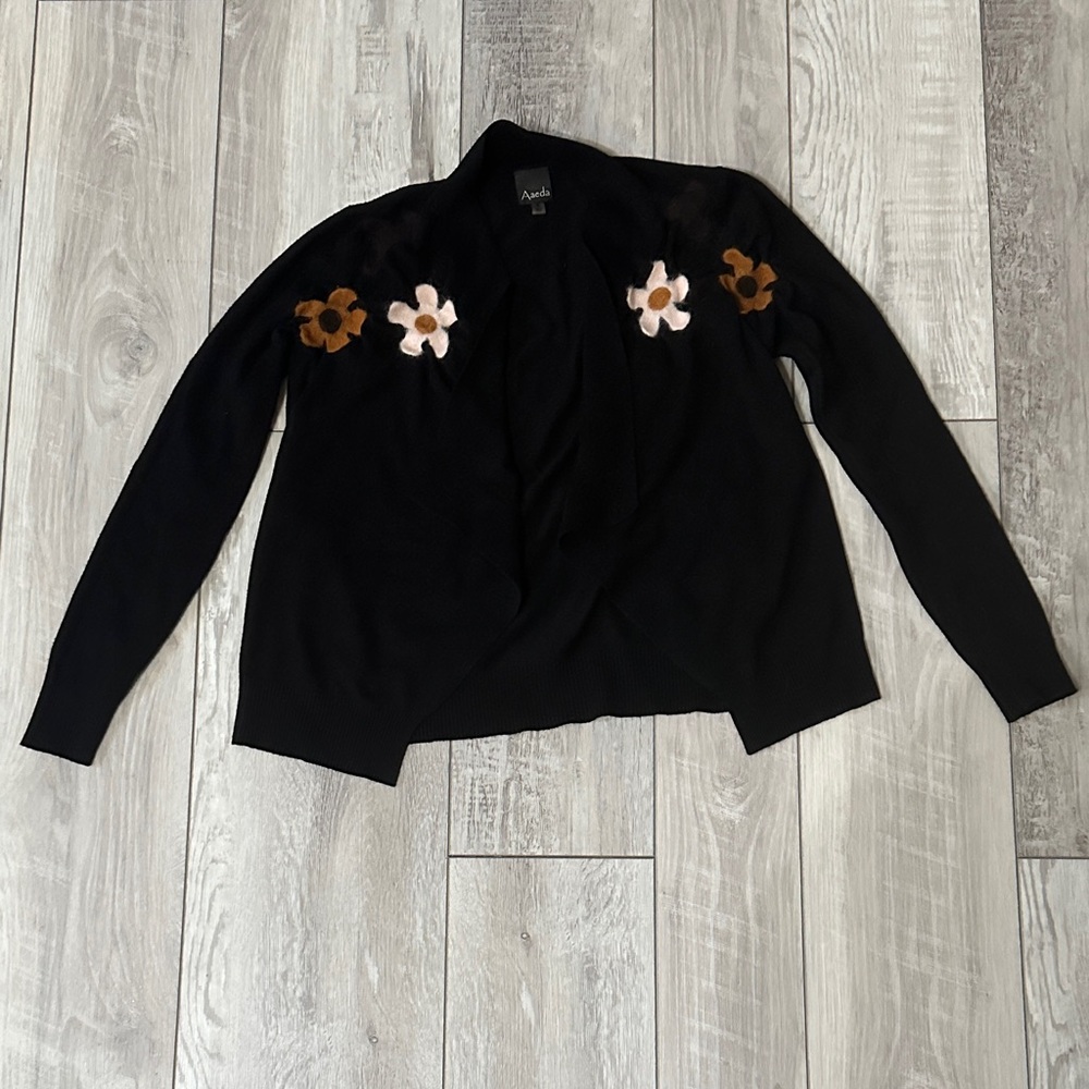 Women’s Aaeda Black Open Cardigan with Brown and Cream Floral Accents